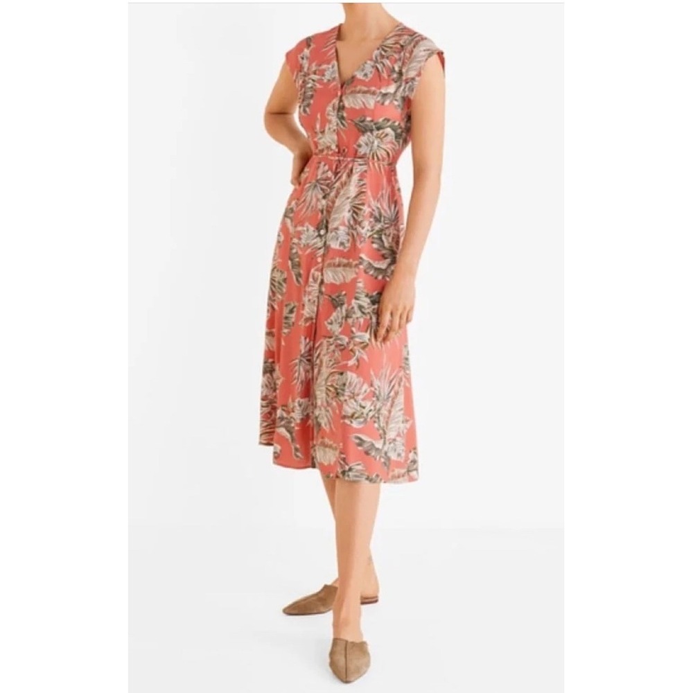 Mango A-line Dress Women's 8 Peach Tropical Print Viscose Button Short Sleeve